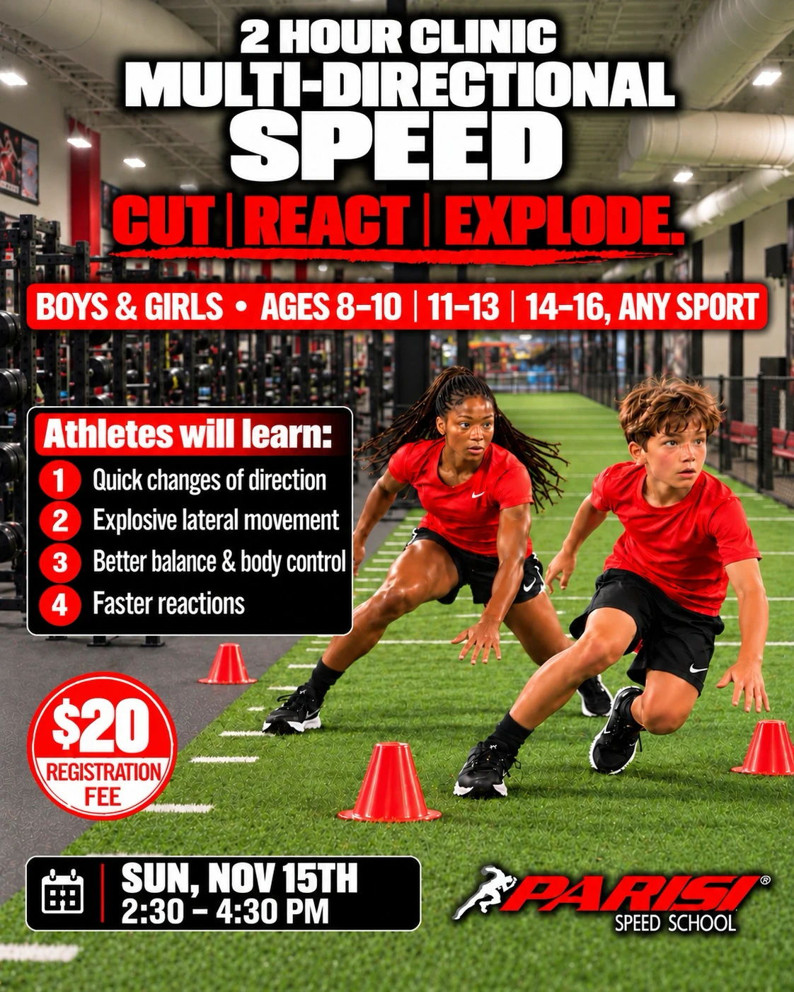Flyer for the Multi-Directional Speed clinic, Sunday Nov 15, 2:30 to 4:30 PM, $20 registration fee